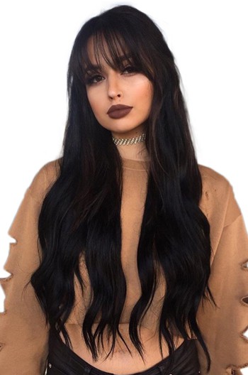 Black Long Straight Hair With Bangs Anatomic 360 Lace Wigs 150